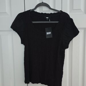DKNY Black Short Sleeve Scoop Neck Top with Puff Sleeves